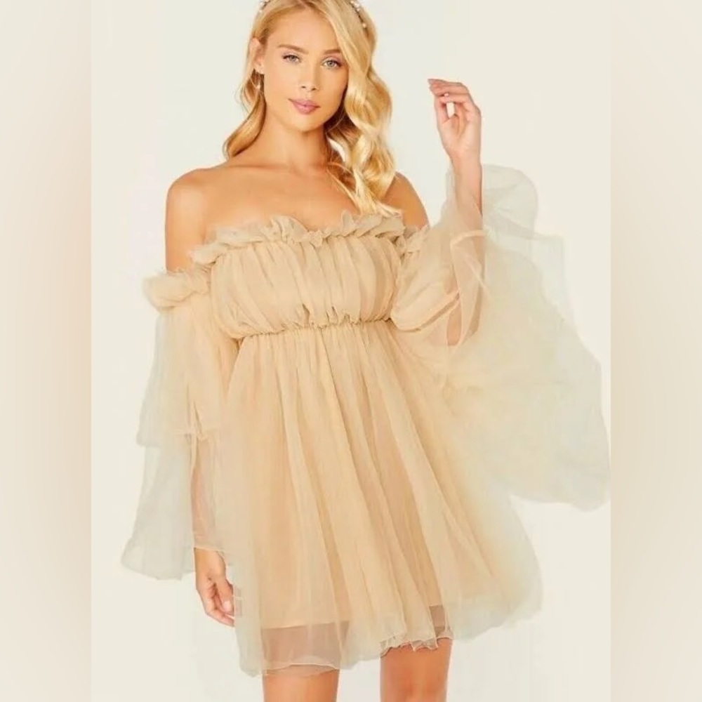 beige/cream off shoulder tulle dress - size large - SHEIN
